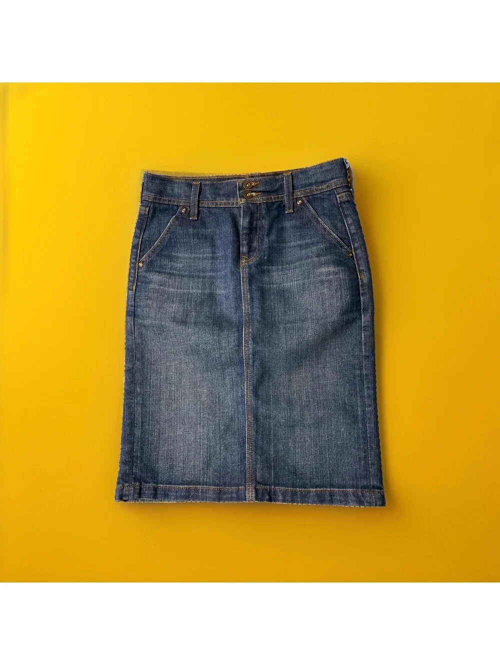 Old Navy Denim Skirt Dark Wash Knee Length Double Button Size 10 Boho Slit Back